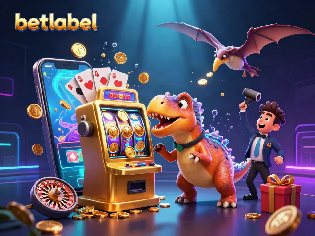 Betlabel illustration featuring a pachycephalosaurus winning jackpot coins from a slot machine.