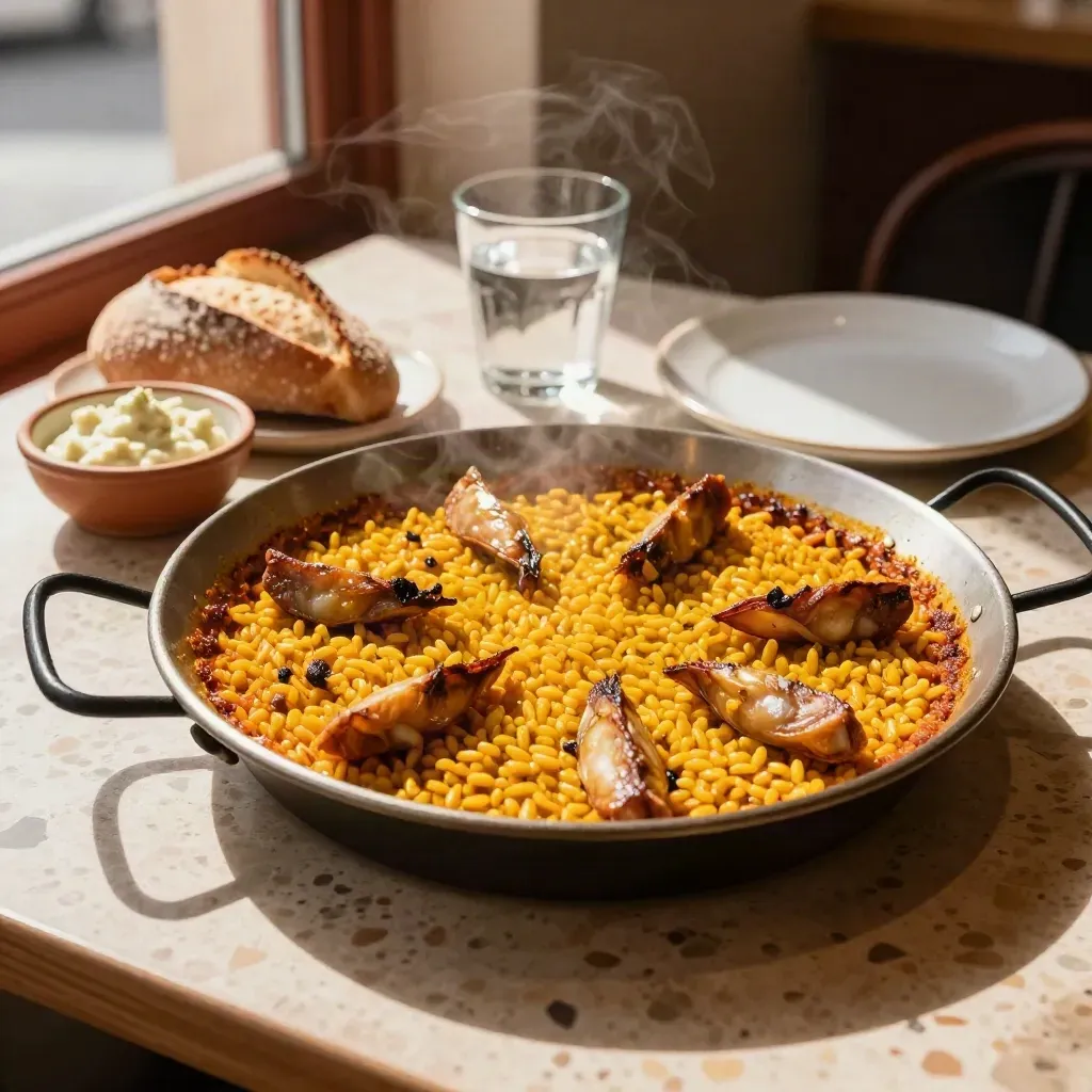 Paella humeante en mesa terrazzo con pan, alioli, vaso de agua y plato cerámico.