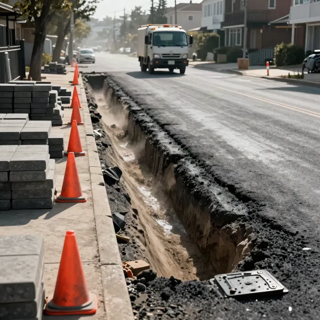Obras en una calle de barrio con zanja, conos, adoquines y camión alejándose.