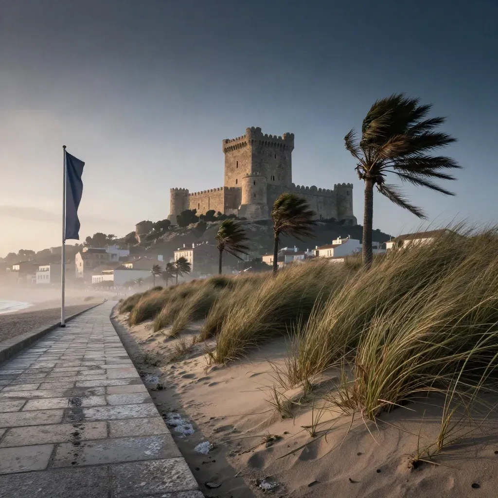 Castell de Cullera al amanecer entre niebla, dunas, palmeras y paseo marítimo.