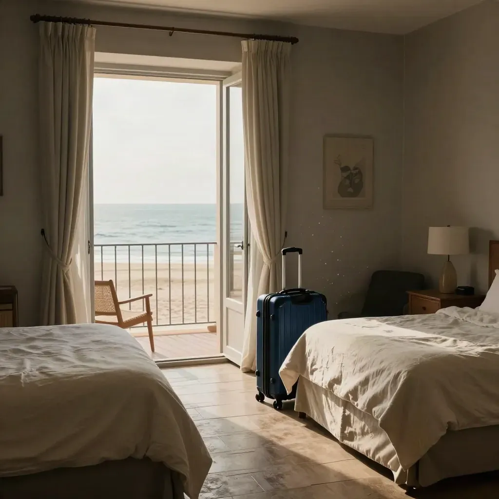 Habitación junto a la playa con maleta, cortinas al viento y mar al fondo