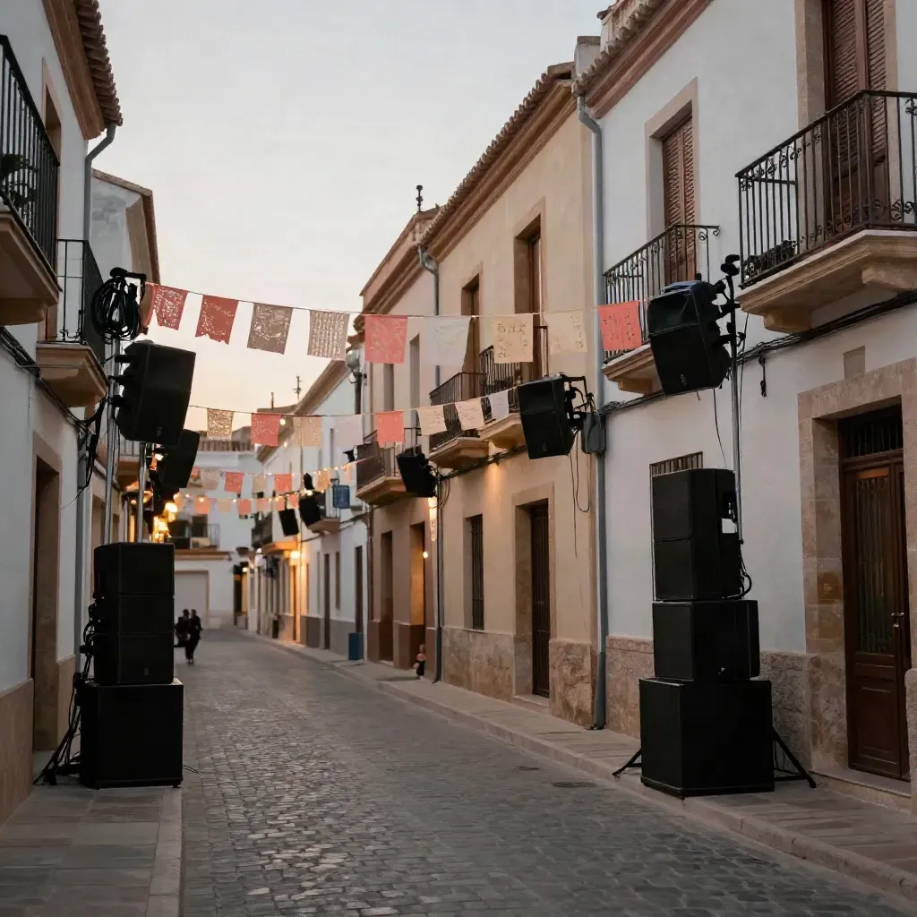 Calles de fiesta al atardecer con escenario, altavoces y guirnaldas encendiéndose en Cullera