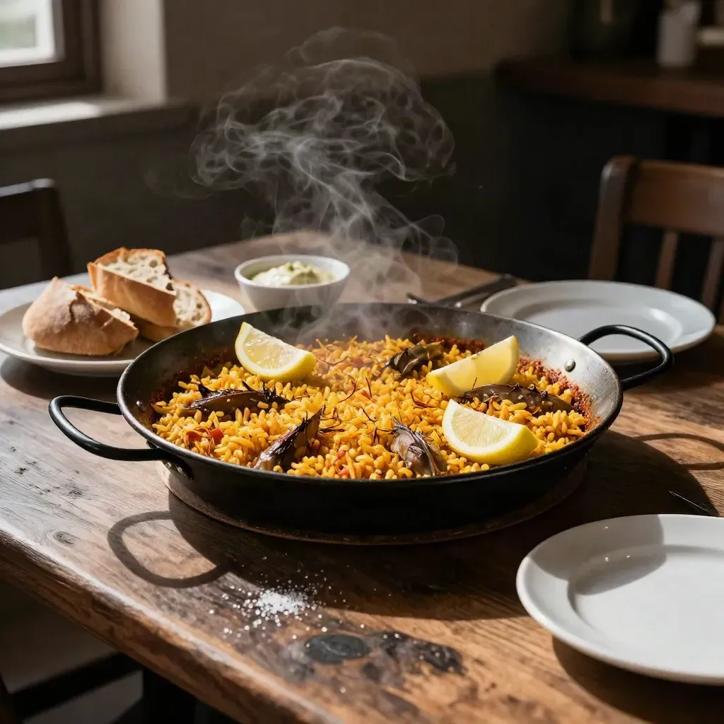Paella recién servida con pan, alioli y pan en una mesa rústica, aún humeante.