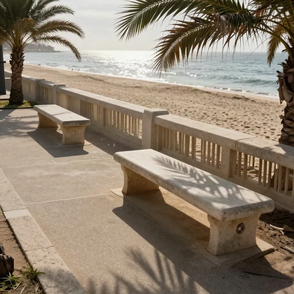 Paseo del Racó con bancos, palmeras y mar al fondo bajo luz suave de mañana.