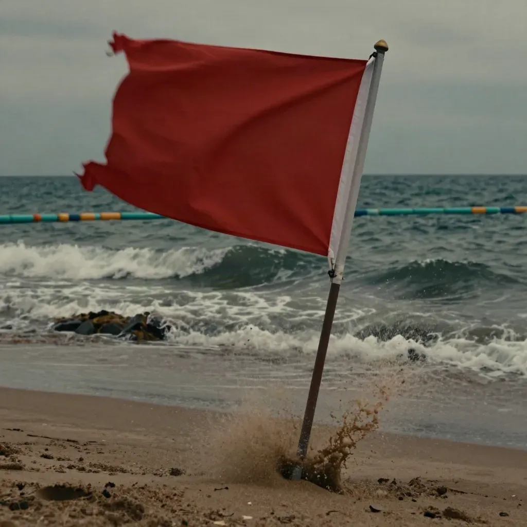 Bandera roja de baño ondeando junto a mar picado y una boya turquesa