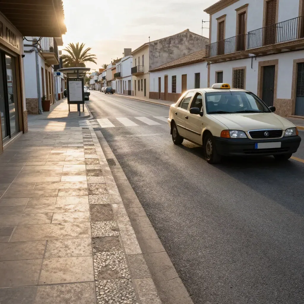 Taxi girando junto al paso de cebra y la parada de bus hacia el centro de Cullera.