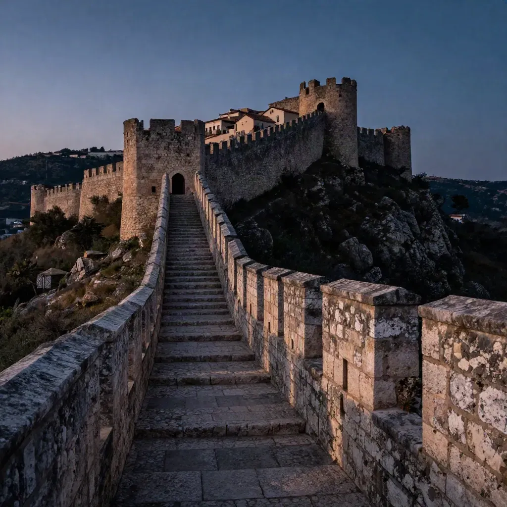 Murallas y escalinata del Castell de Cullera subiendo la ladera al atardecer.
