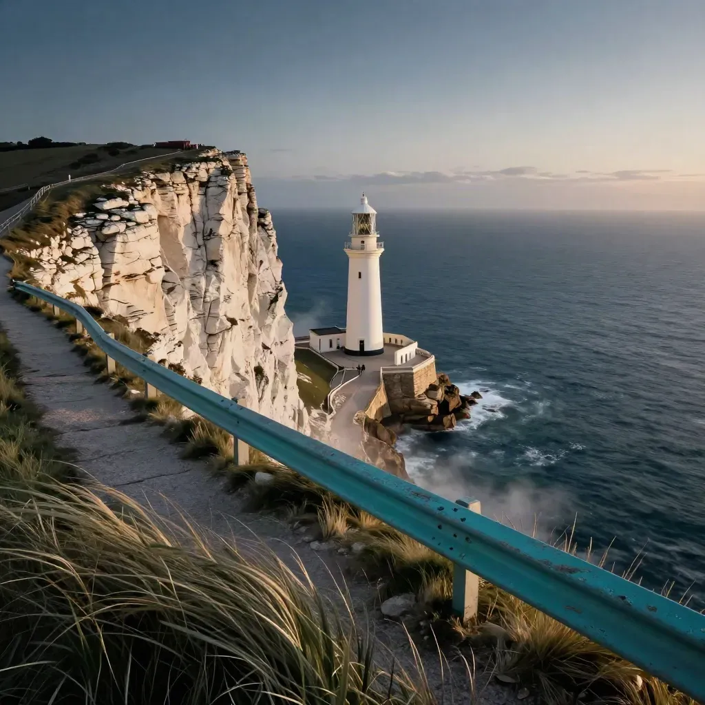 Faro blanco y mirador sobre el acantilado con el mar al fondo.