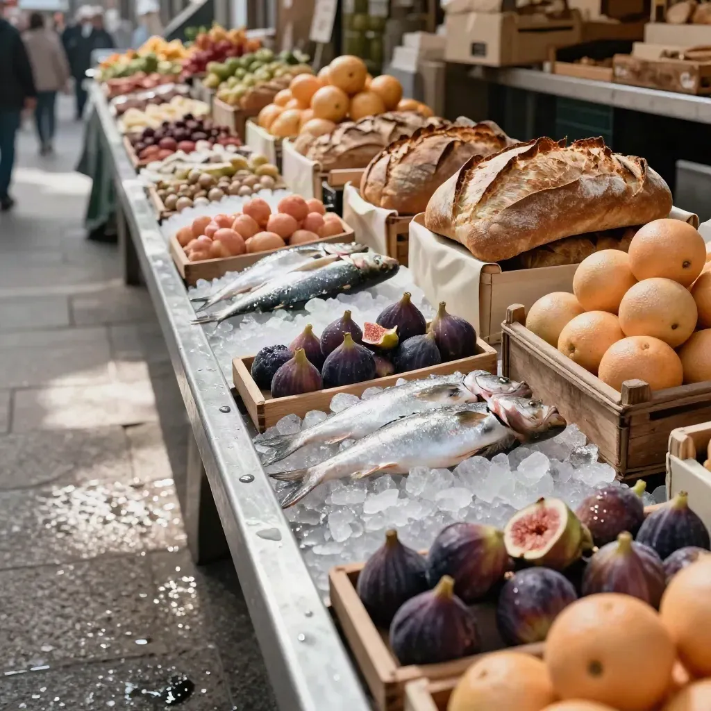 Frutas, pan y pescado sobre hielo en un mercado municipal con cajas apiladas.