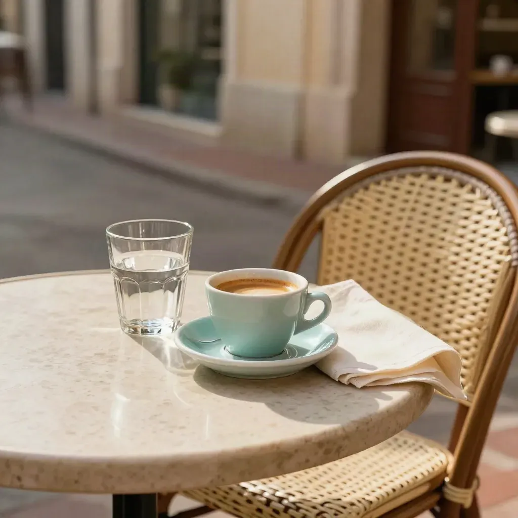 Taza de café, vaso de agua y silla de mimbre en una terraza tranquila al amanecer.