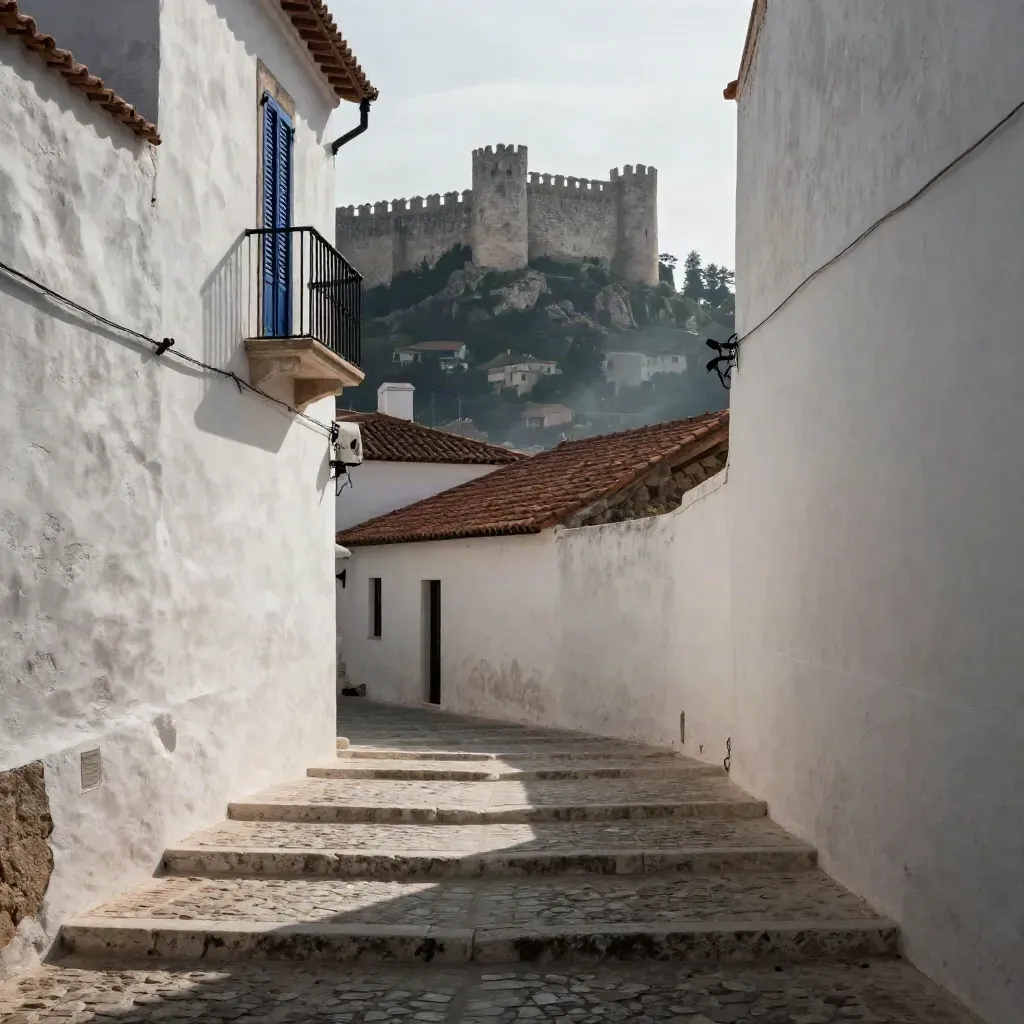 Cuesta de piedra hacia el castillo, con muros encalados y tejados del casco viejo en sombra.