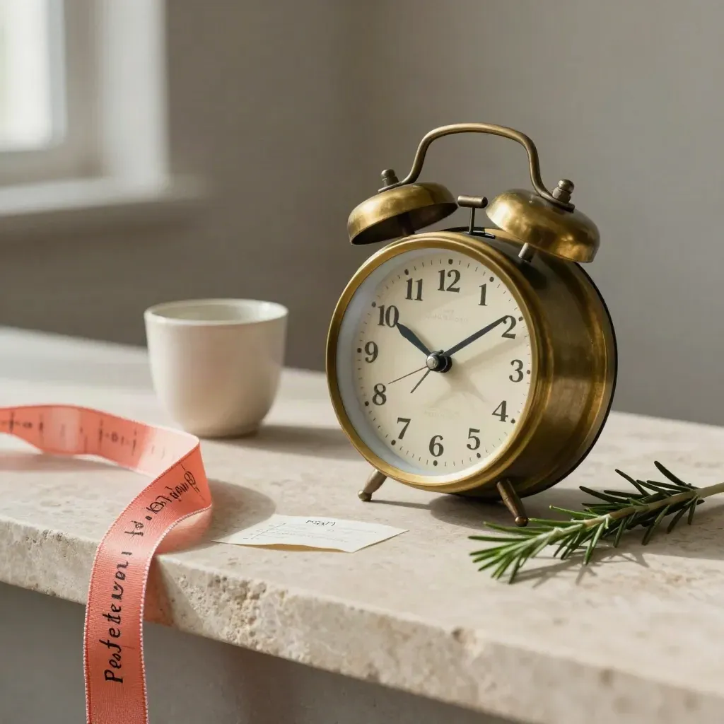 Reloj despertador de latón, cinta coral, taza cerámica y romero sobre piedra clara.