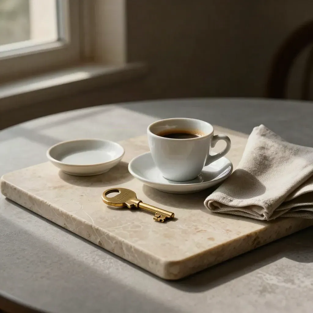 Llave de latón, taza de espresso, servilleta de lino y jabonera sobre bandeja clara.