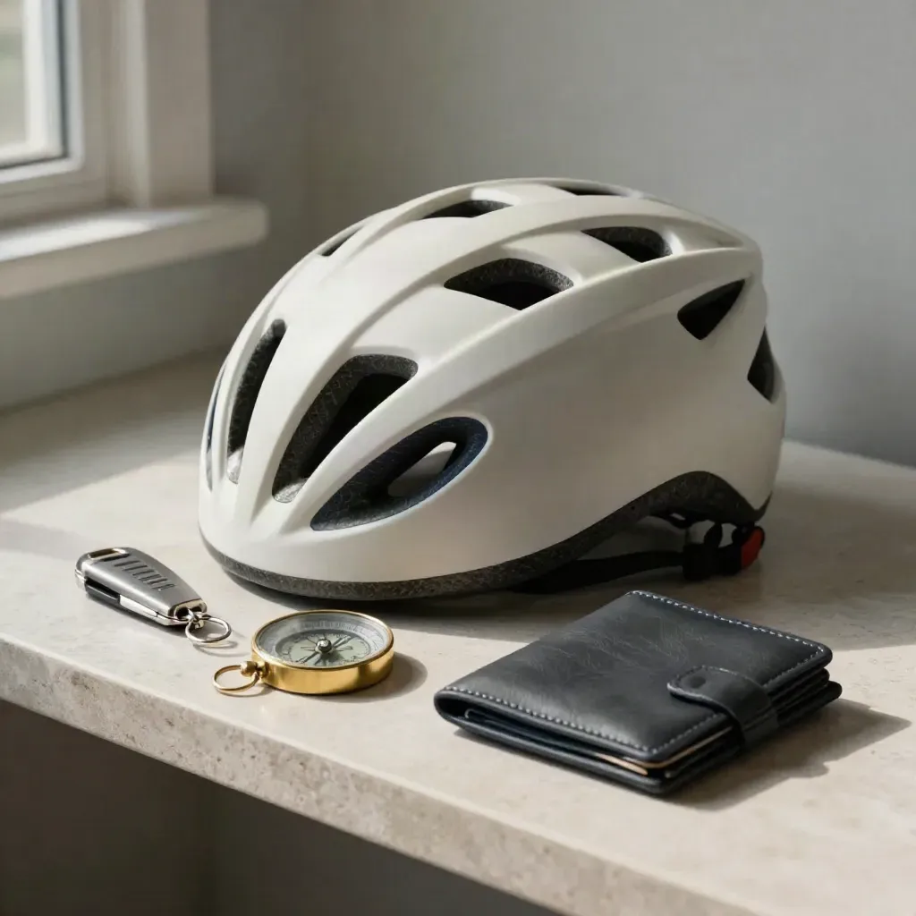 Casco de bici, llavero, brújula y cartera de transporte sobre balda clara.